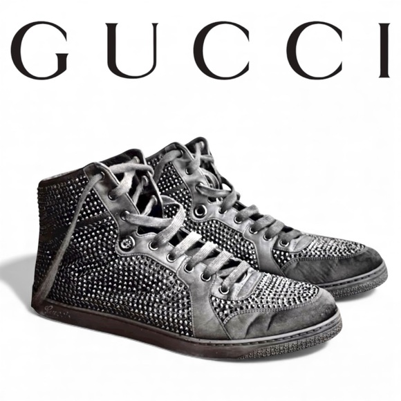 Gucci Satin Crystal Embellished Coda High Top Sneakers. Black. Size 10US - Picture 1 of 15